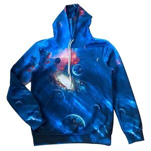Mens Galaxy Print Hoodie Blue Space Planet Nebula Pullover Sweatshirt Small